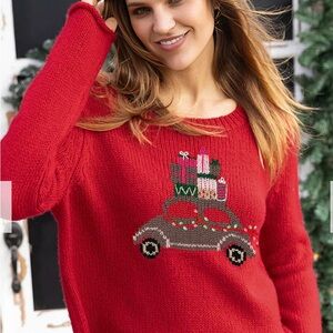 Wooden Ships Red Sweater with Car and Tree Design